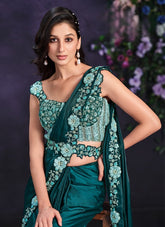 Sea Green Crape Satin Silk Embroidered Ready to Wear Saree